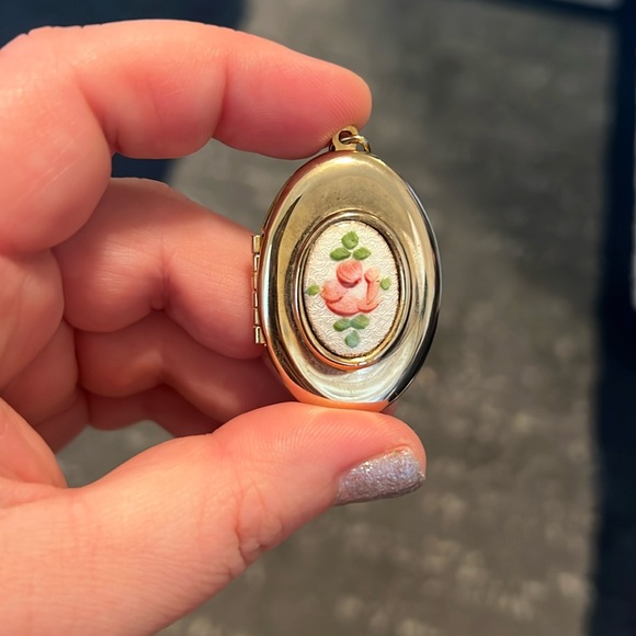 Vintage Jewelry - Vintage guilloche enamel pink rose gold tone locket necklace pendant